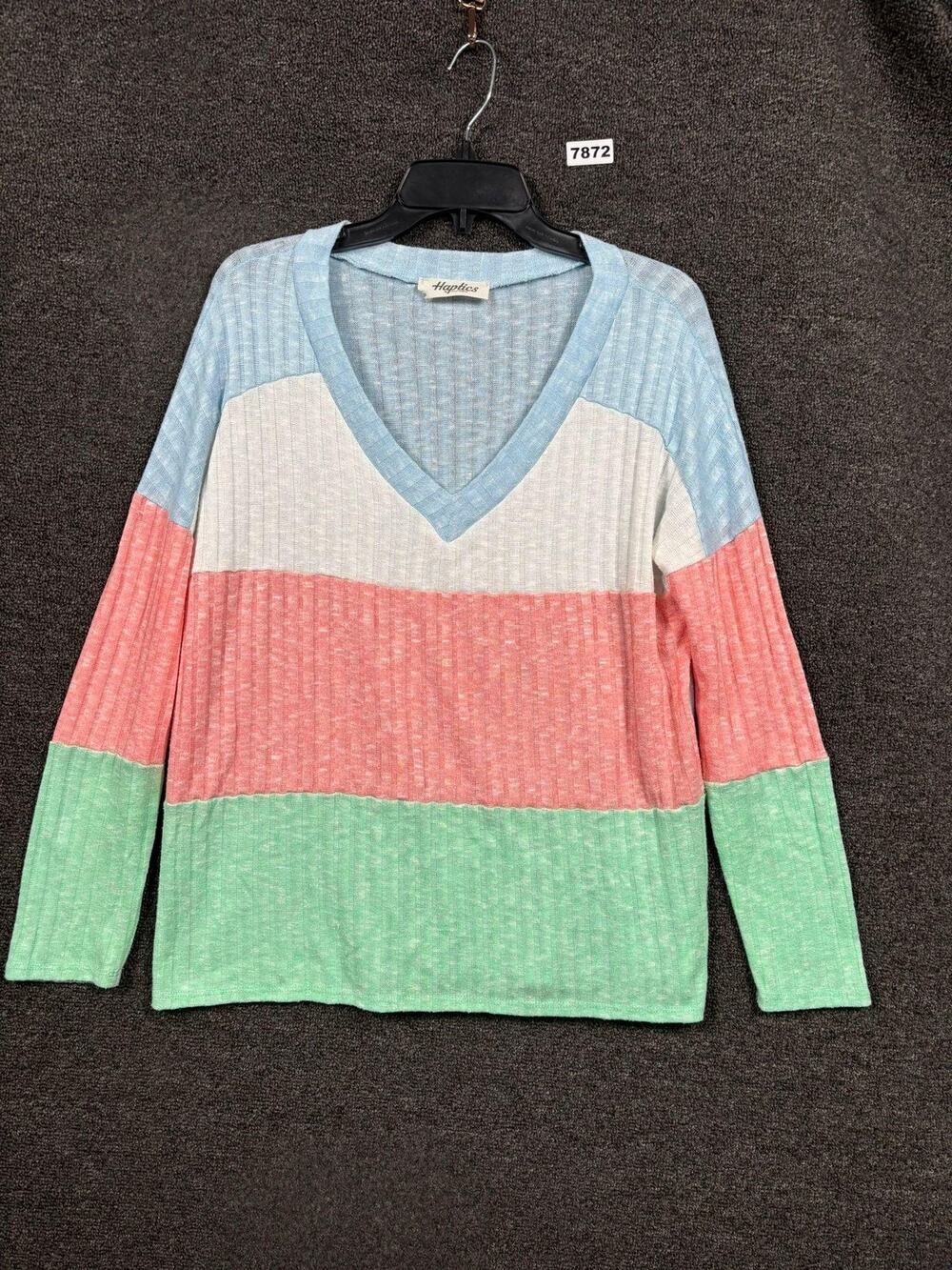 Haptics Sweater Womens Medium Multicolor Stripe V Neck Lightweight Knit Pullover